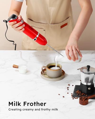 Immersion Blender Handheld (3 In 1 Immersion Blender & Stick & Milk Frother / Red)