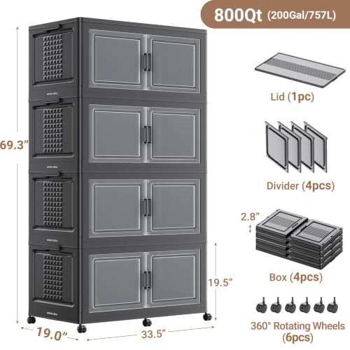 200Gal XL Stackable Storage Bins Foldable Box Cabinet for Home (Black / 200QT-4Pack)