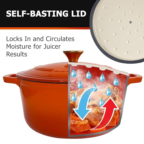 MUELLER HOME 6 Quart Enameled Cast Iron Dutch Oven for Bread Baking (6 Quart -Round / Orange)