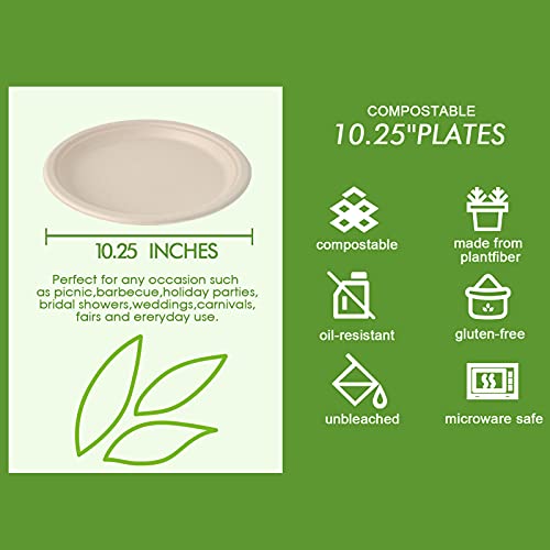 150 Pack Compostable Disposable Paper Plates 10 inch Super Strong 100% Bagasse Natural Biodegradable Eco (Nature / 10 IN Round Plates)