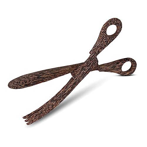 Hand Carved 10 Inch Palm Wood Scissor Tongs (Black)