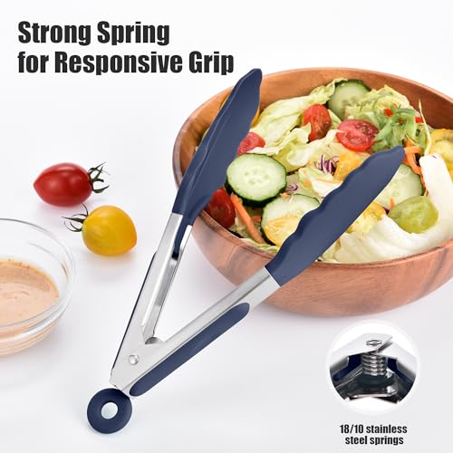 Kitchen Tongs with Silicone Tips for Cooking Serving (Set of 3 (7+9+12in) / Navy Blue)