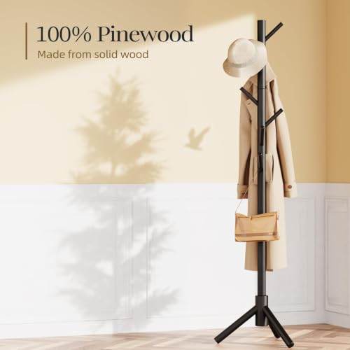 Solid Wooden Coat Rack Freestanding with 8 Hooks (Black)