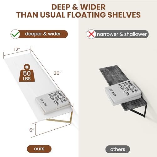 36W x 12D Deep Floating Shelves Set of 2 White & Gold (White With Golden Bracket / 36Wx12Dx5.8H)