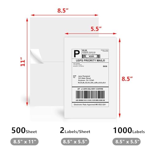 8.5" x 5.5" Half Sheet Self Adhesive Shipping Labels for Laser & Inkjet Printers (8-1/2"×5-1/2" (2-UP) / 500 Sheets)