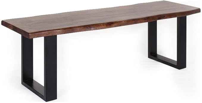 Pemberly Row 55" L Solid Wood Live Edge Dining Bench, Brown & Black Finish, Acacia Wood, Heavy Steel Sled Base, Industrial Modern Style, Scratch-Resistant, Kitchen or Dining Room Seating