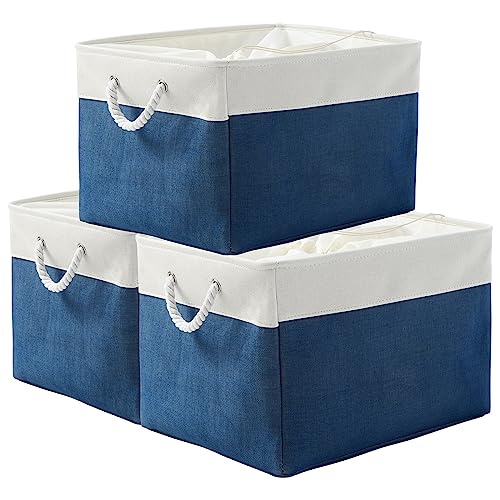 Organization and Storage Basket for Shelves (White & Blue / 3PCS/Extra Jumbo - 20.5Lx15.7Wx13.8H)