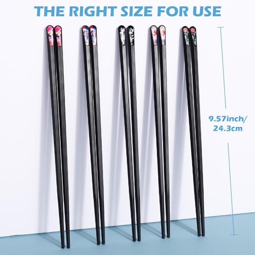 5 Pairs Premium Chopsticks Reusable Dishwasher Safe 9.5 Inch Fiberglass Chop Sticks Gift Set Hexagon Black Non Slip with the Printed Tops (Black with Printed Tops)