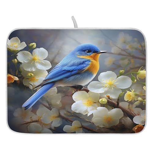 Spring Blue Yellow Flower Bluebird Butterflies Dish Drying Mat for Kitchen Ccounter Absorbent Microfiber Small Drying Pad Dish Mats for Kitchen Countertops 16 x 18 Inch (18" x 16")