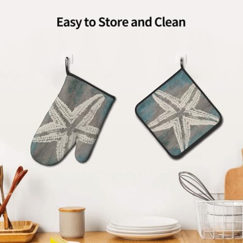 Vintage Starfish Oven Mitts and Pot Holder Set of 2 Coastal Beachy Nautical Heat Resistant Oven Glove Potholders for Kitchen Cooking Baking (Vintage Starfish)