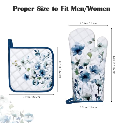 Blue Watercolor Flower Oven Mitts and Pot Holder Set (Blue Watercolor Flower / Oven Mitt x2 & Pot Holder x2)