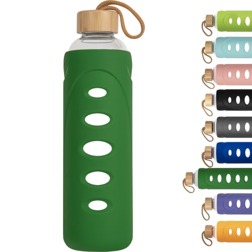 32 oz Narrow Mouth Glass Water Bottle with Windowed Silicone Sleeve (Dark Green)