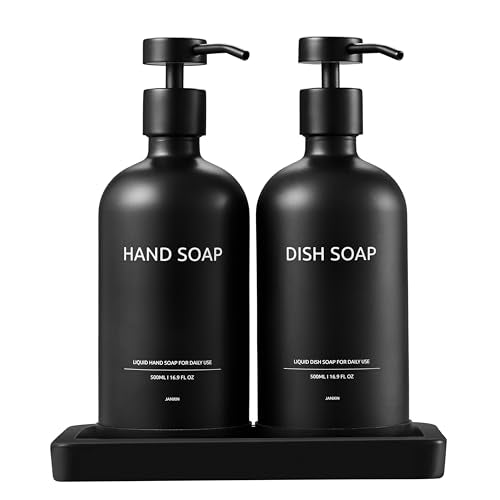 Glass Kitchen Soap Dispenser Set with Ceramic Tray (Black Bottles +Black Pumps)