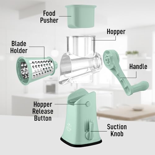 Rotary Cheese Grater Manual Hand Crank 5 Blade Shredder (5 Blades / Mint)