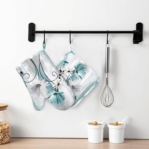 Teal Daisy Oven Mitts Pot Holders Set Silicone Heat Resistant Farm Teal Daisy Floral Flowers and Butterfly Oven Mitts and Hot Pads Potholders Non (Teal)