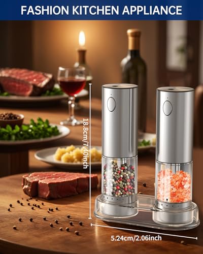 Electric Salt and Pepper Grinder Set Rechargeable Stainless Steel Salt and Pepper Shakers with LED Light and Storage Base (Silver)