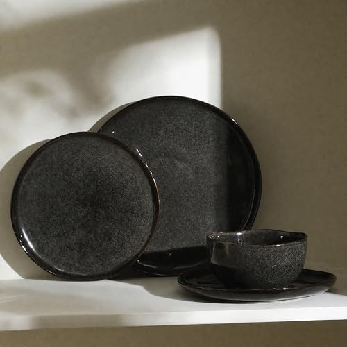 Mirella 24 Piece Stoneware Round Kitchen Dinnerware Set with Plates and Bowls (Charcoal / 24-Piece - Service for 8)