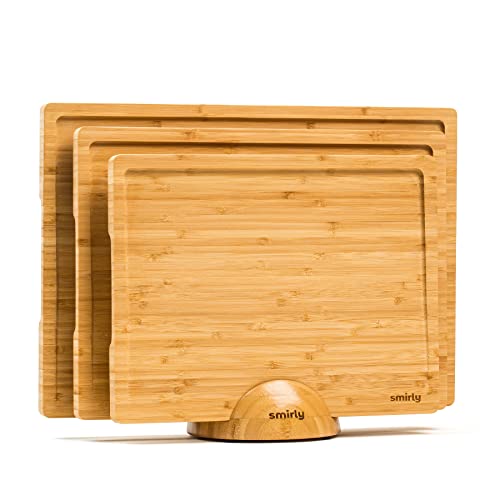 3 Piece Bamboo Cutting Board Set with Stand for Kitchen