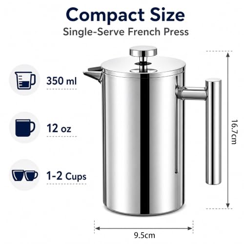 12 oz 350 ml Stainless Steel French Press Coffee Maker (12 oz / Silver)