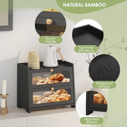 Double Layer Bread Box Container for Kitchen Countertop Homemade Bread (Black / 2 Tier-Medim)