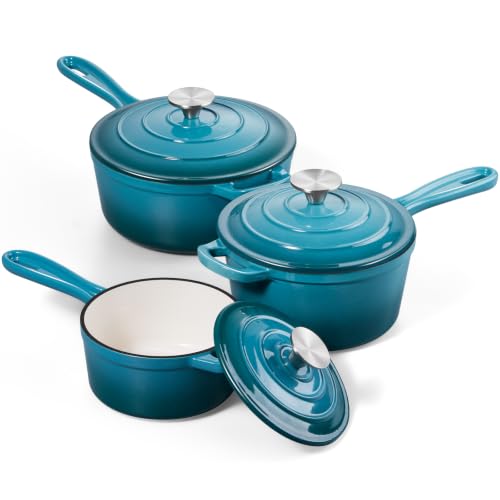 Enameled Cast Iron Sauce Pan (Dark Cyan / 1+2+3 Quarts)