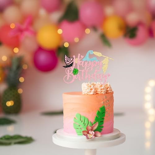 1Pcs Summer Cake Topper Glitter Tree Flower Happy Birthday Cake Pick Decoration for Tropical Hawaiian Luau Theme Baby Shower Kids Birthday Party Cake Decorations Supplies Pink (Pink 4)