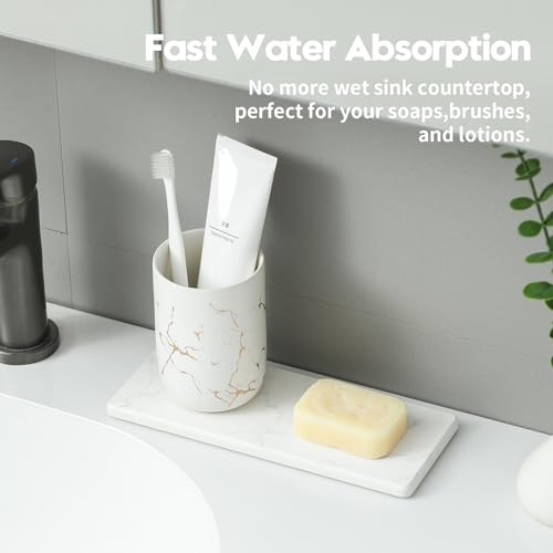 2PCS Water Absorbing Stone Drying Tray for Kitchen Counter & Bathroom Sink (2 Pack - Marble White / 9" x 3.5")