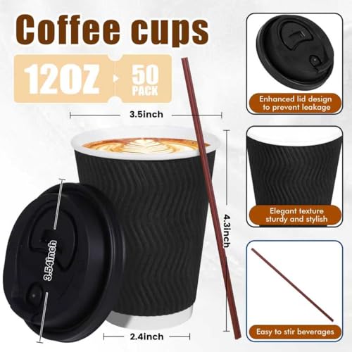 12 oz Disposable Paper Coffee Cups with Lids & Straws