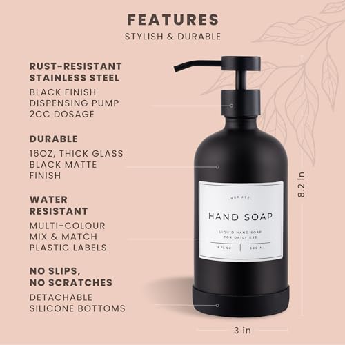 Hand and Dish Soap Dispenser for Kitchen and Bathroom (Matte Black Bottle / Black Pump)