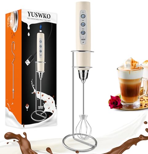 Beige Handheld Milk Frother Wand with Stand for Coffee