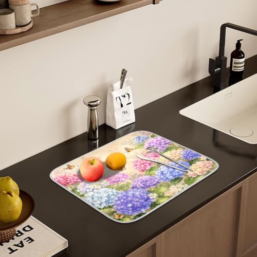 Vintage Flowers Spring Summer Dish Drying Mat for Kitchen Counter Absorbent Microfiber Hydrangea Butterfly Small Drying Pad Dish mats for Kitchen Countertops 16 x 18 Inch (Spring Vintage Flowers / 18" x 16")