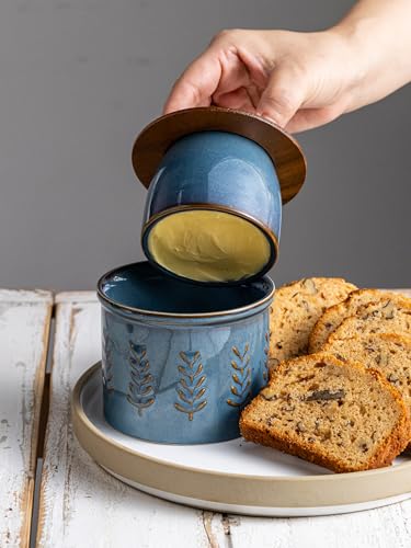 Ceramic Butter Crock with Lid for Countertop (Blue / Leaf-3.94"dia)