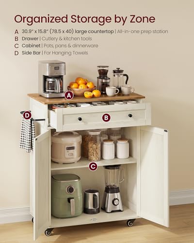 Mobile Kitchen Wooden Island Cart with Storage for Dining Room (Rustic White + Honey Brown / 15.8"D x 30.9"W x 35.1"H)