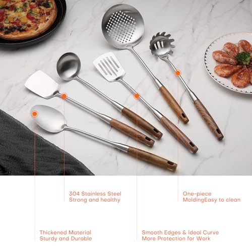 6 Pcs Cooking Utensils Set 304 Stainlss Steel Kitchen Utensils Set Heat Resistant Wooden Handle Kitchen Tools Metal Kitchen Utensil Soup Ladle Set (Wooden Handle-6 Pcs)