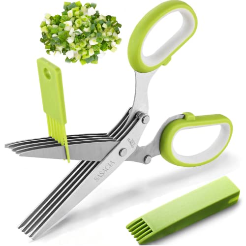 Herb Scissors with 5 Blades & Cleaning Kit (Green and White)