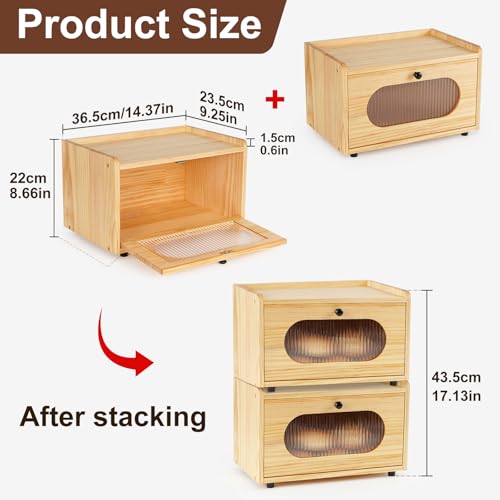 Bread Box for Kitchen Countertop Storage Wooden Breadbox Holder Container Morden Rustic Fresh Bread Keeper Farmhouse Stackable Organizer Bin for Homemade Food Shelf Acrylic Window