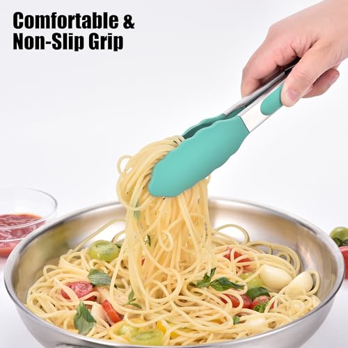 Kitchen Tongs with Silicone Tips for Cooking Serving (7in / Aqua Sky)