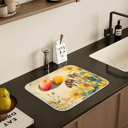 Honey Bee Dish Drying Mat for Kitchen Counter Absorbent Microfiber Small Drying Pad Dish Yellow Flowers Leaves Mats for Kitchen Countertops 16 x 18 Inch (18" x 16")