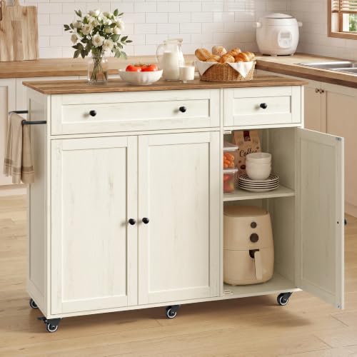Mobile Kitchen Wooden Island Cart with Storage for Dining Room (Rustic White + Honey Brown / 15.8"D x 42.1"W x 35.1"H)