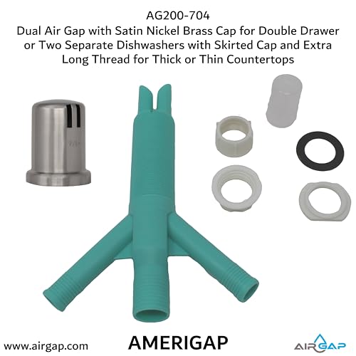 Dual Air Gap with Satin Nickel Brass Cap for Double Drawer or Two Separate Dishwashers with Skirted Cap and Extra Long Thread for Thick or Thin Countertops (AG200-704)