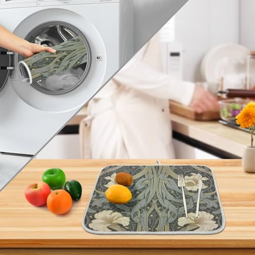 William Morris Flowers Print Dish Drying Mat for Kitchen Counter Absorbent Microfiber Small Drying Pad Dish Mats for Kitchen Countertops 16 x 18 Inch (18" x 16")