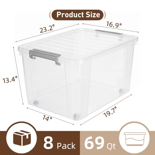 8 Pack 69 QT Clear Plastic Storage Bins with Latching Lids (Clear White / 8 PCS-69 QT)