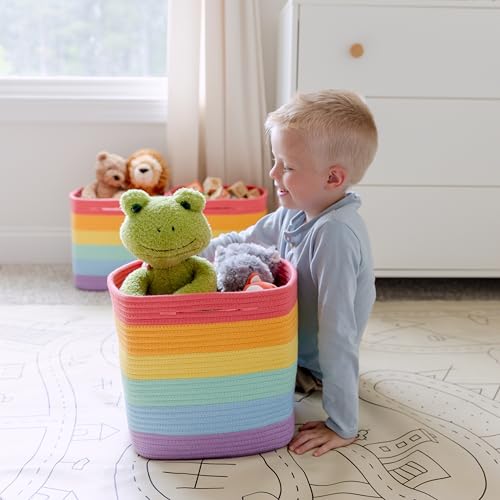Storage Cubes 11 Inch Cotton Rope Woven Baskets for Organizing (Rainbow)