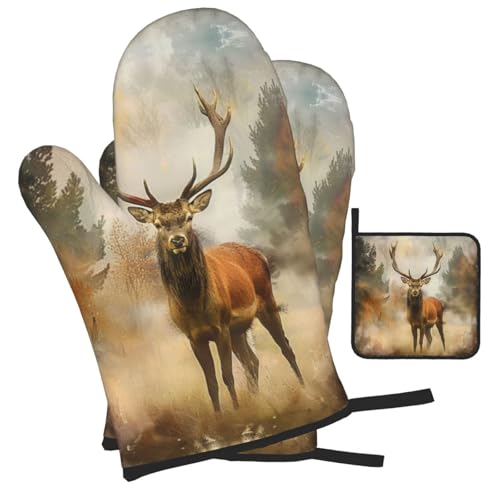 Deer Art Oven Mitts and Pot Holders Sets of 3 Heat Resistant Oven Gloves Hot Pads Non (Deer Art)