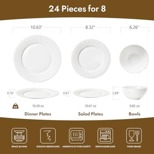24Pc Rhombus Edge White Bone China Set (White-Rhombus / service for 8-24pcs)
