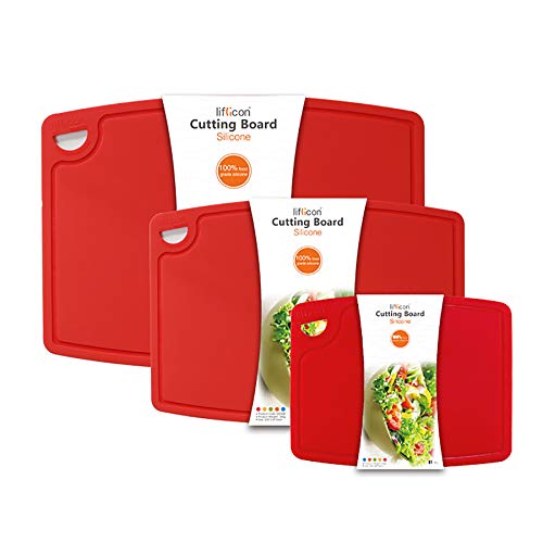 Silicone Thick Cutting Boards Mats Set of 3pcs Foldable & Flexible Design Juice Grooves Easy Grip Handle Dishwasher Safe for Kitchen (9.1"L x 7.1"W, 12.6"L x 9.1"W & 14.6"L x 10.4"W / Red)
