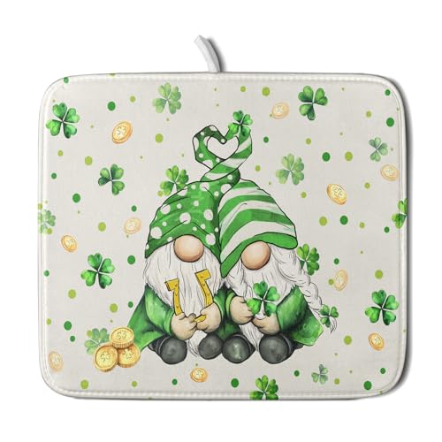 St Patrick's Day Gnome Dish Drying Mat 16x18 inch Lucky Shamrock Absorbent Reversible Dishes Drainer Rack Mat for Coffee Bar Kitchen Decor (Shamrock Gnome / 16" x 18")