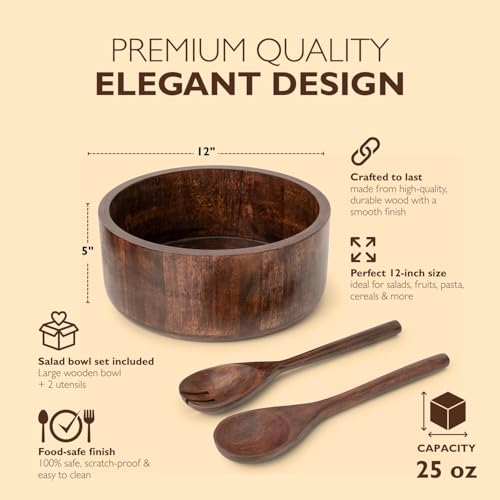 12" Dark Burnt Wooden Salad Bowl Set with Serving Utensils Eco (Dark Burnt / Extra Large)