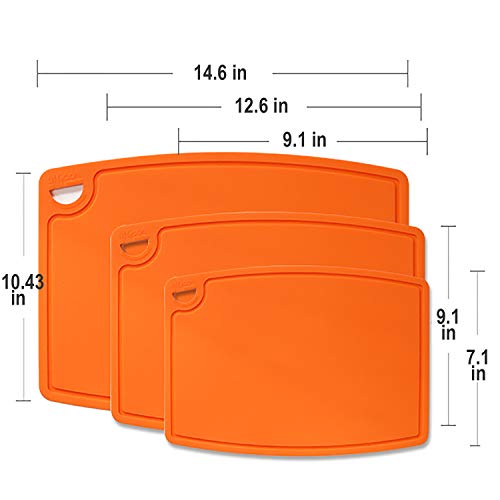 Silicone Thick Cutting Boards Mats Set of 3pcs Foldable & Flexible Design Juice Grooves Easy Grip Handle Dishwasher Safe for Kitchen (9.1"L x 7.1"W, 12.6"L x 9.1"W & 14.6"L x 10.4"W / Orange)