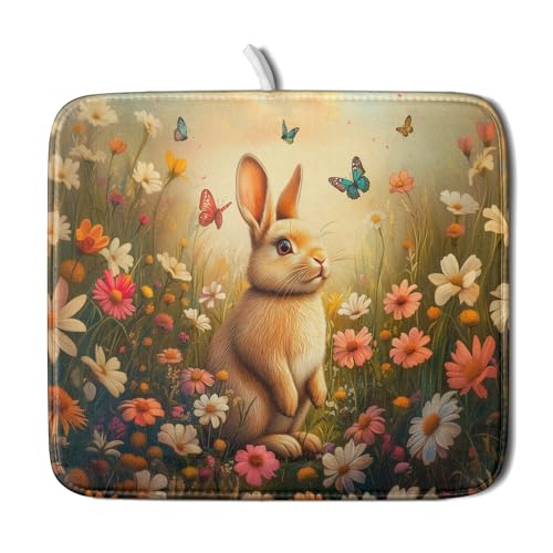 Easter Bunny Dish Drying Mat Flower Butterfly Kitchen Drainer Mat 16x18 inch Absorbent Reversible Dish Rack Pad for Counter Tabletop Decor (Easter Bunny Flower / 16" x 18")